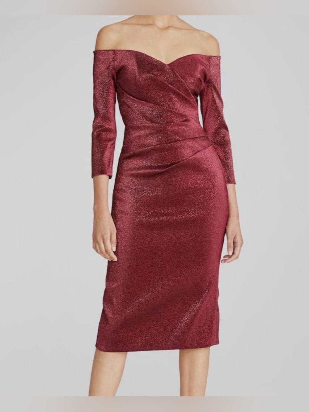 NEW Theia Melanie Off-The-Shoulder Cocktail Dress 2 Red Burgundy Shimmer Party